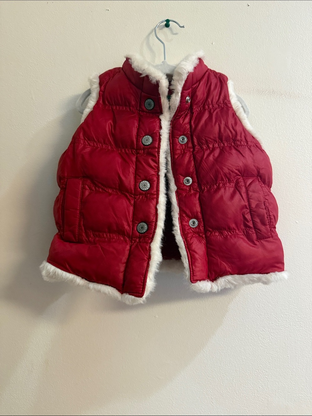Old Navy Red Puffer Vest with White Faux Fur Trim